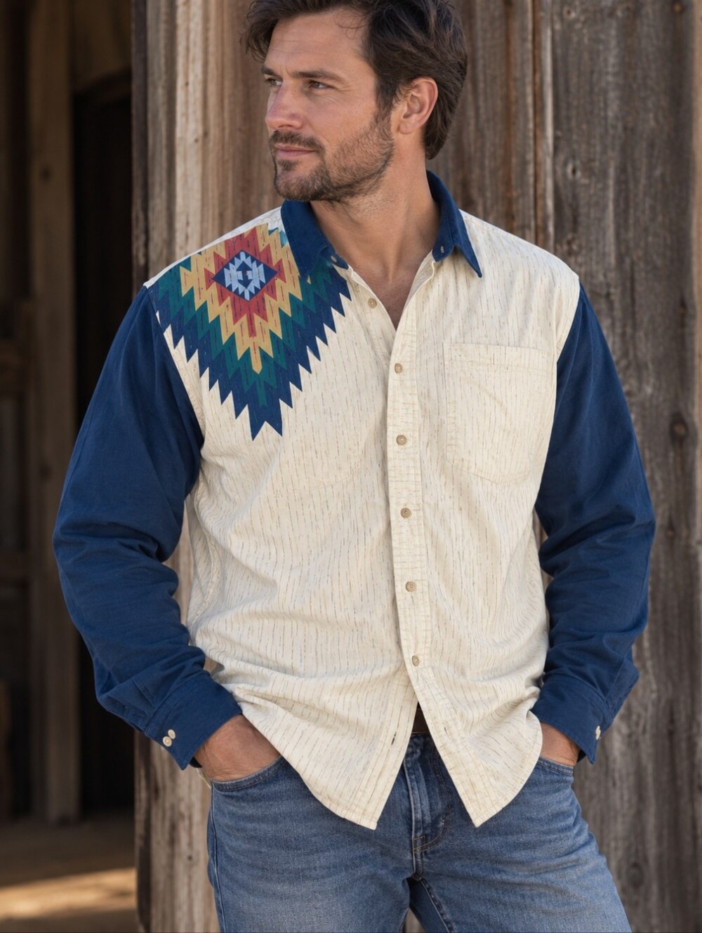 Vintage Saguaro Mens XL Southwestern Aztec Print Button Down Shirt Navy Cream